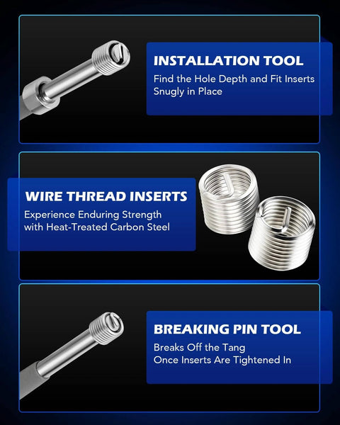 Thread Repair Kit, Metric Helicoil Repair Kit with HSS Drill Bits Thread Inserts Taps Breakoff Installation Tools, image of tool components