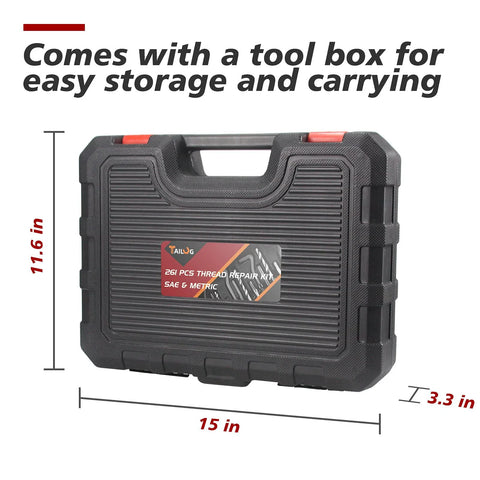 Heavy Duty Thread Repair Kit For Automotive And Plumbing, 261 Piece HSS Drill Helicoil Set with tool box for storage and carrying.