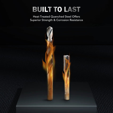 Pro Grade All In One Thread Repair Kit with Helicoil inserts, showcasing heat-treated drill bits and taps on fire for durability.