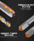 Close-up of precision-cut flutes and square taper shanks in All In One 348 Piece Thread Repair Kit for smooth threading and secure fit.