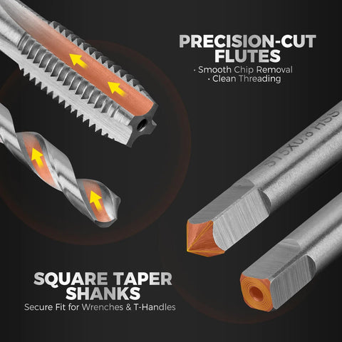 Close-up of precision-cut flutes and square taper shanks in All In One 348 Piece Thread Repair Kit for smooth threading and secure fit.