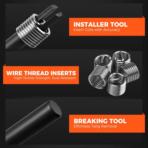 Installer tool, wire thread inserts, and breaking tool in All In One 348 Piece Thread Repair Kit With Metric And SAE Helicoil Set