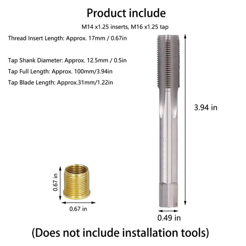 Pro Grade Heavy Duty Spark Plug Thread Repair Kit with M14 1.25 inserts, M16 1.25 tap, corrosion-resistant stainless steel