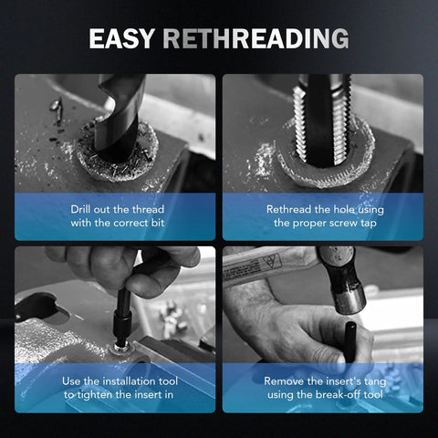 Pro Grade All In One Thread Repair Kit With Helicoil Inserts For SAE And Metric Rethreading process steps shown in use