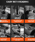 Steps showing the use of All In One 348 Piece Thread Repair Kit With Metric And SAE Helicoil Set HSS Drill Bits Taps Wire Inserts for automotive repair