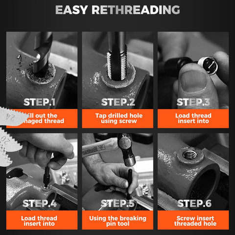 Steps showing the use of All In One 348 Piece Thread Repair Kit With Metric And SAE Helicoil Set HSS Drill Bits Taps Wire Inserts for automotive repair