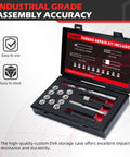 Open GOMJET thread repair kit with tools including driver, tap, drill, counterbore, and 10 stainless inserts; labeled tray display.