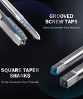 Close-up of Pro Grade All In One Thread Repair Kit With Helicoil Inserts showing grooved screw taps and square taper shanks for SAE and metric rethreading.