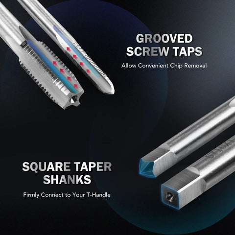 Close-up of Pro Grade All In One Thread Repair Kit With Helicoil Inserts showing grooved screw taps and square taper shanks for SAE and metric rethreading.