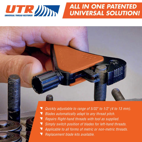 Go To Universal Thread Restorer Tool External Thread Repair Kit in use, adjusting bolt threads between 5/32 to 1/2 inch (4–13 mm).