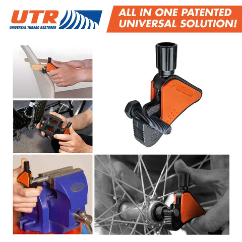 Go To Universal Thread Restorer Tool External Thread Repair Kit All In One for Auto, Industrial, Home Repairs shown in use.