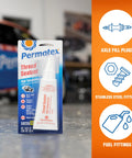 Workhorse High Temperature Thread Sealant For Automotive And Industrial Fittings Permatex 50 Ml Tube displayed with fitting icons