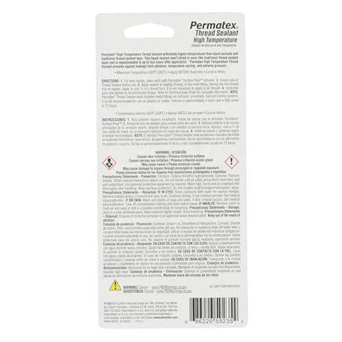 Back view of Workhorse High Temperature Thread Sealant For Automotive And Industrial Fittings Permatex 50 ml tube packaging