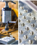 Close-up of a machine using uxcell 6pcs 1/4-20 UNC B2 Spiral Point Thread Tap, creating threaded holes in metal.
