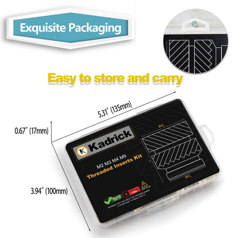 520Pcs M2 M3 M4 M5 Threaded Inserts Assortment Kit packaging, carrying case dimensions, 3D printing components, metric brass knurled nuts