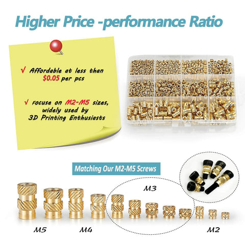 520Pcs M2 M3 M4 M5 Threaded Inserts Assortment Kit for 3D Printing Components, featuring metric brass knurled nuts with a focus on M2-M5 sizes.