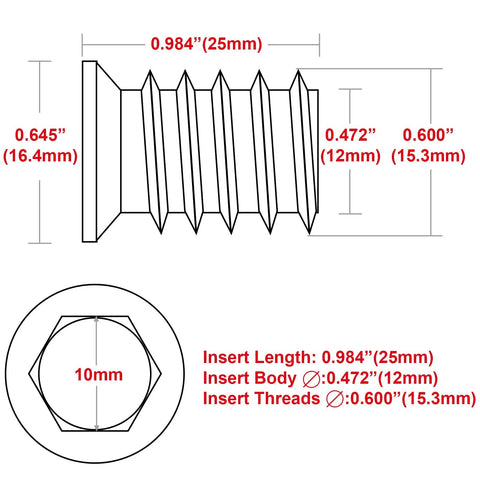 Diagram of Heavy Duty 40 Pack Threaded Inserts For Wood Furniture Three Eighths Sixteen Thread Size 25mm