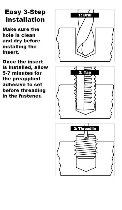 Illustration showing 3-step installation of Threaded Insert For Metal 12L14 Carbon Steel 5/16-18 Internal Threads And 1/2-13 External Threads.