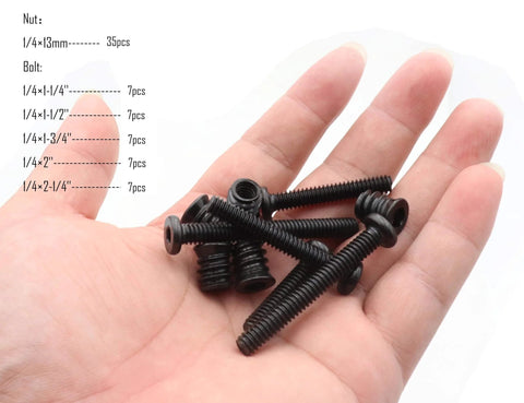 Hand holding 35 Piece Threaded Insert Nuts and Barrel Bolts Kit 1/4-20 X 13mm Inserts and 1/4 to 2-1/4in Hex Bolts Carbon Steel Black