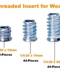 1/4-20 Threaded Insert for Wood Kit showing 10mm, 15mm, and 20mm screw in hex drive nuts for furniture projects.