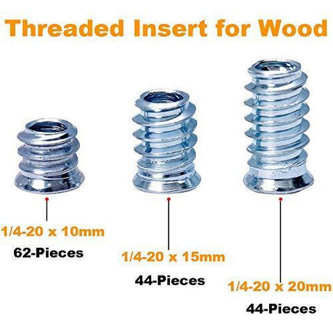 1/4-20 Threaded Insert for Wood Kit showing 10mm, 15mm, and 20mm screw in hex drive nuts for furniture projects.