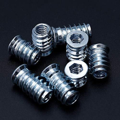 1/4-20 Threaded Insert for Wood Kit with screw in insert nuts, hex drive, shiny metal texture for furniture projects