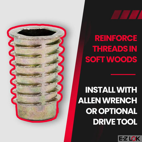 Soft Wood Threaded Inserts 3/8-16 Internal Threads Hex Flange Zinc 25mm Long Pack Of 25 for furniture and crates