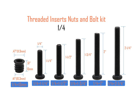 35 Piece Threaded Insert Nuts and Barrel Bolts Kit 1/4-20 X 13mm Inserts and 1/4 to 2-1/4in Hex Bolts Carbon Steel Black display