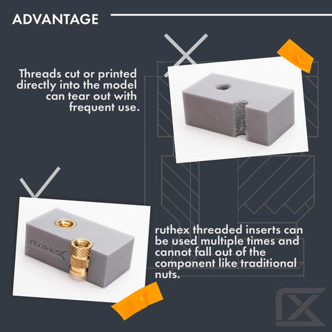 Threaded Inserts M2 + M3 + M4 + M5 Assortment Box - Brass heat set in grey plastic model for 3D printing component advantage demo.