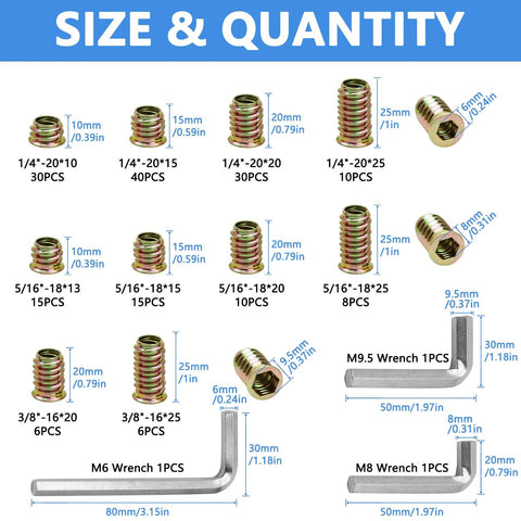170 Piece Threaded Inserts Kit With 10 Sizes 1/4-20, 5/16-18, 3/8-16 For Wood, showing steel inserts and hex wrenches sizes chart