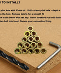 50 Pack 3/8-16 By 25mm Threaded Inserts For Wood Furniture In Zinc Plated Carbon Steel With Hex Drive Includes 13mm Drill Bit And Wrench