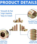 170 Piece Threaded Inserts Kit With 10 Sizes 1/4-20, 5/16-18, 3/8-16 for Wood and Furniture Repairs, hex socket head details