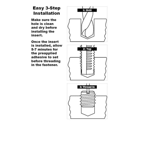 Diagram showing 3-step installation of Threaded Inserts For Metal Assortment Kit In Carbon Steel with 50 Pieces.