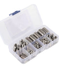 50 Pcs Threaded Inserts Set Self Tapping Stainless Steel Inner Thread For Plastic And Soft Materials in storage box.