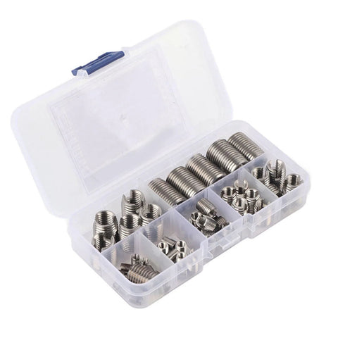 50 Pcs Threaded Inserts Set Self Tapping Stainless Steel Inner Thread For Plastic And Soft Materials in storage box.