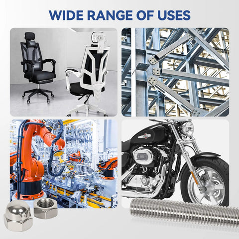 Wide range of uses for Four Pcs M6 255mm Fully Threaded Stainless Steel Rods With Nuts Right Hand Threads 304 Grade, including construction, furniture, and automotive.