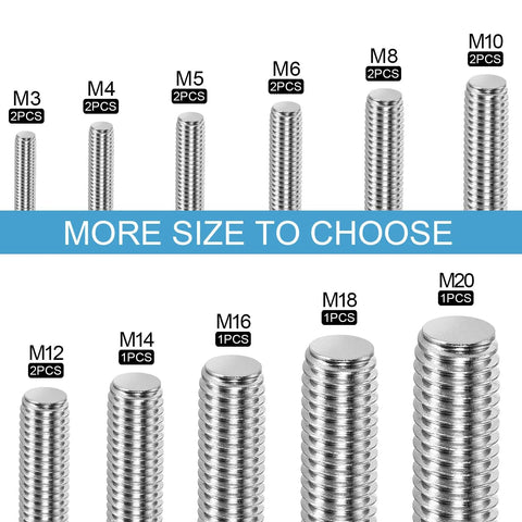 Various sizes of stainless steel threaded rods, including Two Pack M8 X 300mm Fully Threaded Stainless Steel Rods 304 Grade
