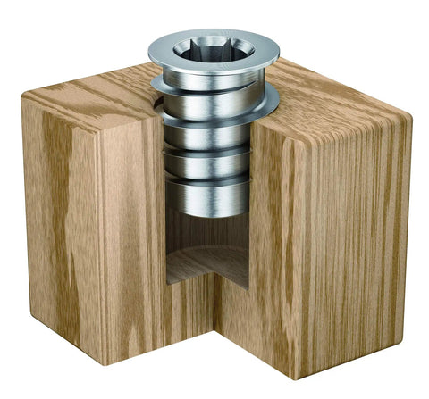 Installed heavy duty threaded steel insert in wood block, showcasing 10mm diameter, 12mm length, hex drive for wood projects.