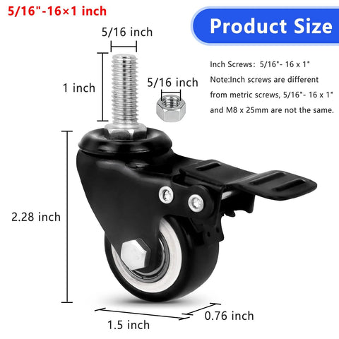 Set Of 4 Heavy Duty 1.5 Inch Stem Casters With 5/16-16 X 1 Inch Threaded Stems Carbon Steel Frame And Polyurethane Wheels