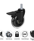 Threaded Stem Casters Three Eighths Inch 16UNC With Brake, Heavy Duty Three Inch Swivel Caster, Set Of 4, Safety Locking