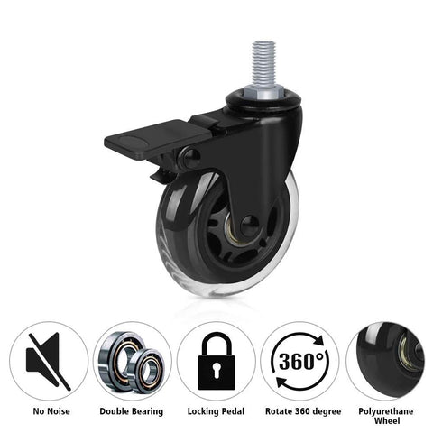 Threaded Stem Casters Three Eighths Inch 16UNC With Brake, Heavy Duty Three Inch Swivel Caster, Set Of 4, Safety Locking
