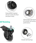 Threaded Stem Casters Three Eighths Inch 16UNC With Brake, Heavy Duty Three Inch Swivel Caster, Set Of 4, showing polyurethane wheel and ball bearings