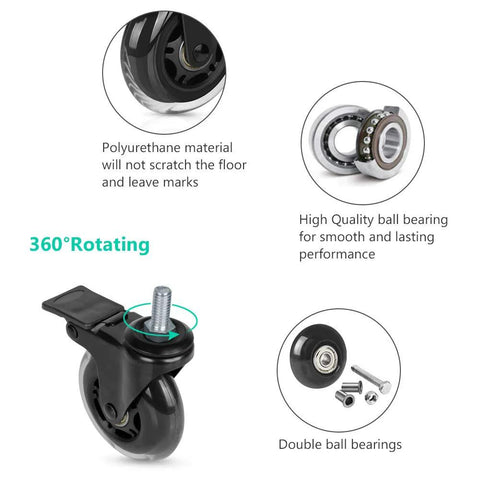 Threaded Stem Casters Three Eighths Inch 16UNC With Brake, Heavy Duty Three Inch Swivel Caster, Set Of 4, showing polyurethane wheel and ball bearings