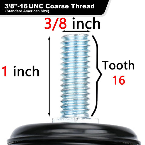 Close-up of the threaded stem size three eighths by sixteen by one inch for two inch stem caster wheels with safety dual locking brakes.