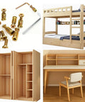 56 Piece Set Of 1 4 20 Inch Threaded Wood Inserts And Nut Fasteners With Hex Socket Drive For Furniture Making Includes Hex Spanner Heavy Duty Carbon Steel Galvanized For Superior Wear Resistance And Rust Prevention next to examples of assembled wooden furniture including a bunk bed, wardrobe, and desk.