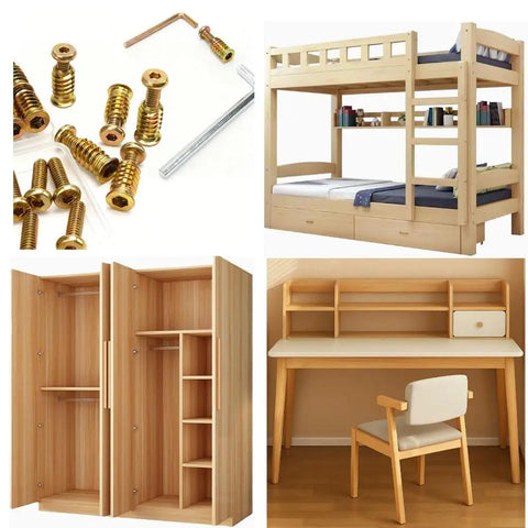 56 Piece Set Of 1 4 20 Inch Threaded Wood Inserts And Nut Fasteners With Hex Socket Drive For Furniture Making Includes Hex Spanner Heavy Duty Carbon Steel Galvanized For Superior Wear Resistance And Rust Prevention next to examples of assembled wooden furniture including a bunk bed, wardrobe, and desk.