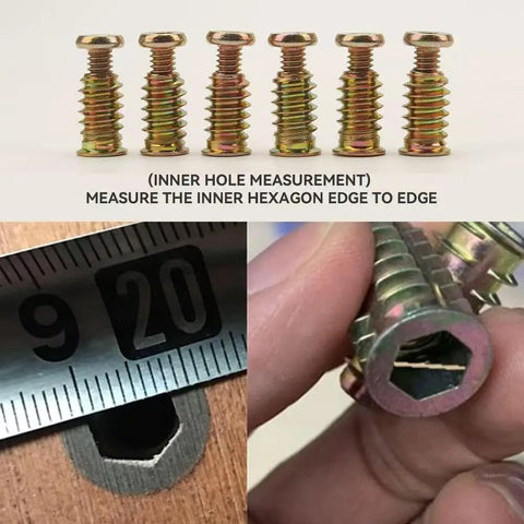 56 Piece Set Of 1 4 20 Inch Threaded Wood Inserts And Nut Fasteners With Hex Socket Drive For Furniture Making measurement shown