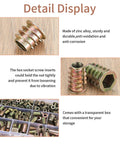 Detail display of 230 Piece Threaded Wood Inserts Set with hex socket drive, showing inserts, zinc alloy material, and storage box.