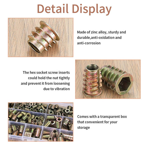 Detail display of 230 Piece Threaded Wood Inserts Set with hex socket drive, showing inserts, zinc alloy material, and storage box.