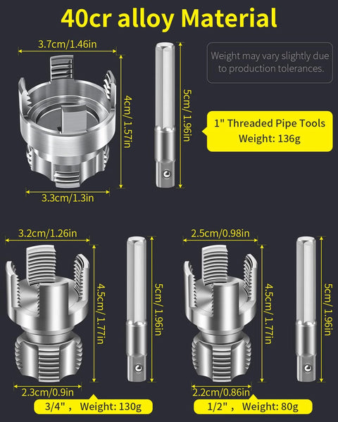 Dual Function Pipe Threading Tool Set For PVC Pipes Half Inch Three Quarter Inch One Inch Internal And External Threads Drill Compatible